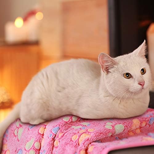 Tatuo 4 Pcs Dog Blanket for Pet Cat Blankets Indoor Puppy Teething Stuff Toys Paw Print Fleece Soft Blanket Sleep Mat for Guinea Pig Cage(White, Coffee, Pink, Purple,Medium(30 x 20.5 Inch),Square)