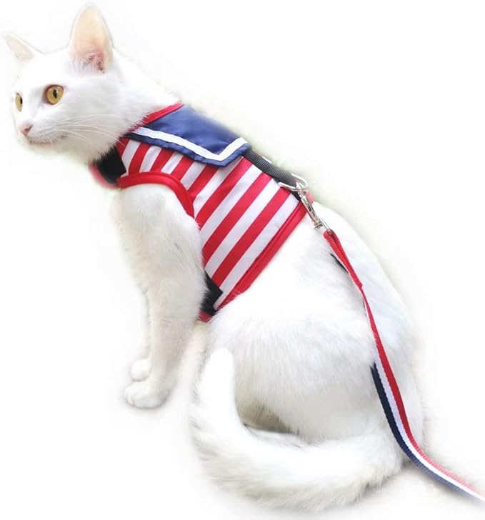 Cat Harness and Leash for Walking Escape Proof, Adjustable Cat Vest Harness, Padded Stylish Cat Walking Jackets, Sailor Suit Red, Large