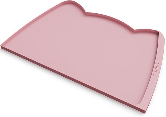 OHMO Dog Food Mat(Pink, 24 * 15'') w/Residue Collection Pocket Silicone Pet Feeding Mat for Floor High Edges Anti Spills Waterproof Cat Water Bowl Tray, Easy Clean Placemat