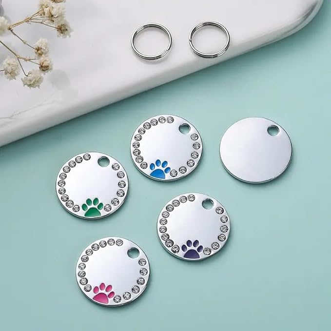 Personalized Dog/Cat Cute Paw Pet ID Tag for Pet Collar or Key Chain - Custom Laser Engraved Unique Dog/cat Name tag with Phone Number (Red, Crystals Round-Small)
