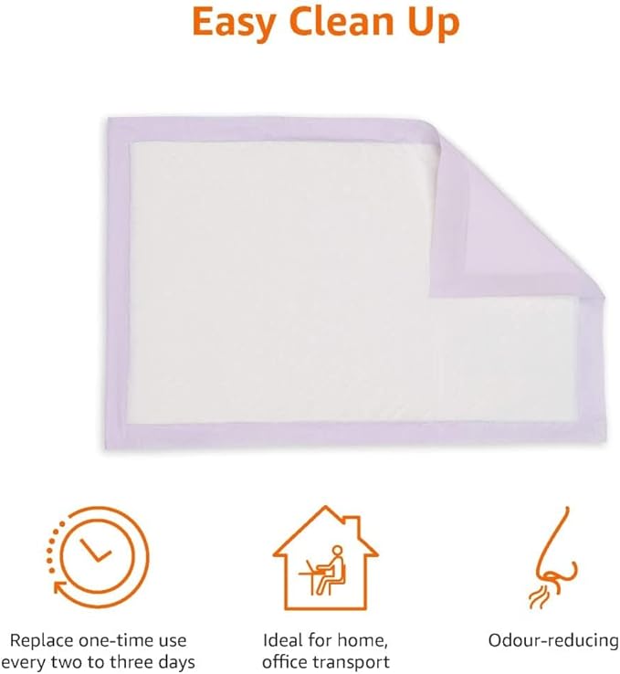 Amazon Basics Cat Pee Pads, Super Absorbent, Odor Control, Unscented, Universal Fit for Litter Box, Disposable, White/Purple, 100 Count