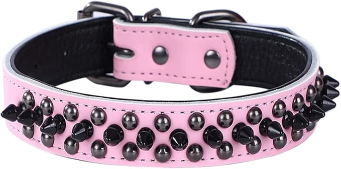 Spiked Studded Dog Collar, Genuine Leather Dog Collar, Adjustable Pet Collars for Medium Large Bulldog Pitbull Mastiff Poodle Boxer (L:37-47cm, Pink-1)