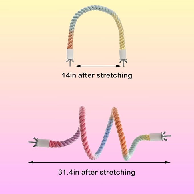 2Pcs Gradient Bird Rope Perch Stand Bird Cage Climbing Rope Toys Accessories of M5*30mm Screw for Cockatiels Lovebird Parakeet Budgies Sugar Gliders Hemp Swing(31.4'' & 14'')