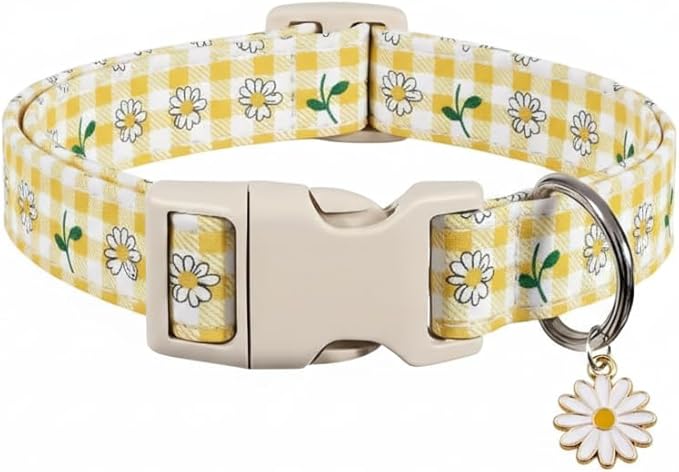 Cute Dog Collar, Yellow Plaid Dog Collar with White Floral Pattern, Spring Summer Design Floral Collar for Girls Boys Small Dogs