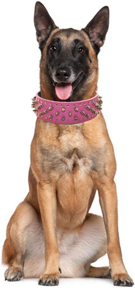Serijoars Spiked Studded Dog Collar, PU Leather Dog Collar, Adjustable Pet Collars for Medium or Large Breed Pet (L, Dark Brown)