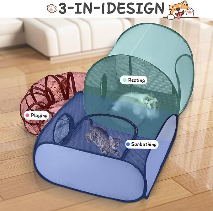 Pet Playpen with Surround Tunnel, Outdoor/Indoor Cat Playpen with Breathable Soft Sides，Tailtastic Cat Enclosure Tent for Small Animals, Portable Tent with Carry Bag (Medium)