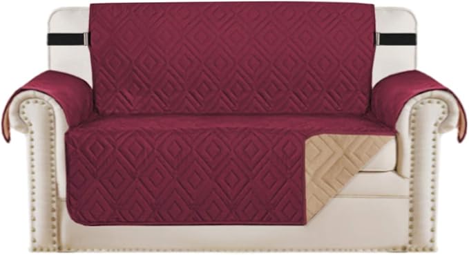 H.VERSAILTEX Reversible Loveseat Cover Furniture Protector Anti-Slip Water Resistant 2 Inch Wide Elastic Straps Couch Covers Pets Kids Fit Sitting Width Up to 46"(Love Seat: 75" x 90", Red/Tan)