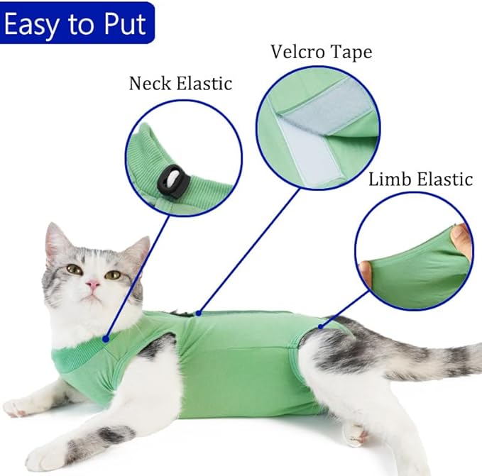 Cat Recovery Suit Cat Onesie for Cats After Surgery Female Male Spay Kitten Neuter Surgical Bodysuit Post Surgery Cone of Shame Alternative Anti Licking (Green, Large)