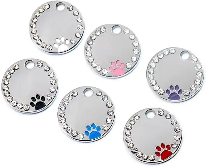 Personalized Dog/Cat Cute Paw Pet ID Tag for Pet Collar or Key Chain - Custom Laser Engraved Unique Dog/cat Name tag with Phone Number (White, Crystals Round-Small)