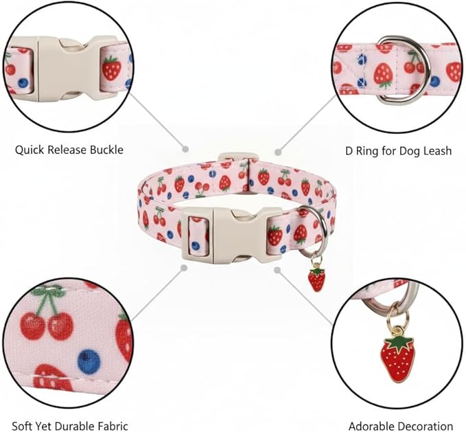 Pink Dog Collar, Girl Dog Collar for Small Dogs, Spring Summer Puppy Collar with Cute Strawberry, Cherry and Blueberry Print, Soft Adjustable Collars for Girls Boys Dogs, S