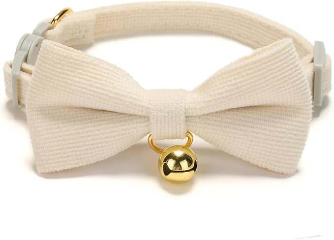 Soft Corduroy Cat Collar, Plaid Pattern, with Bell and Bowtie, Safety Breakaway Clasp, Adjustable for Kitten and Cats White Color.