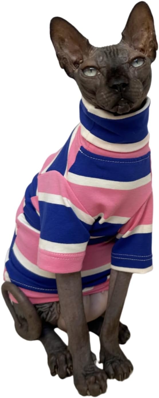 Vintage Stripes Sphynx Hairless Cats Shirt Cotton Cat Turtleneck Pet Clothes Kitten T-Shirts with Sleeves for Sphynx Cats (Wide Pink Blue Stripe, X-Large)