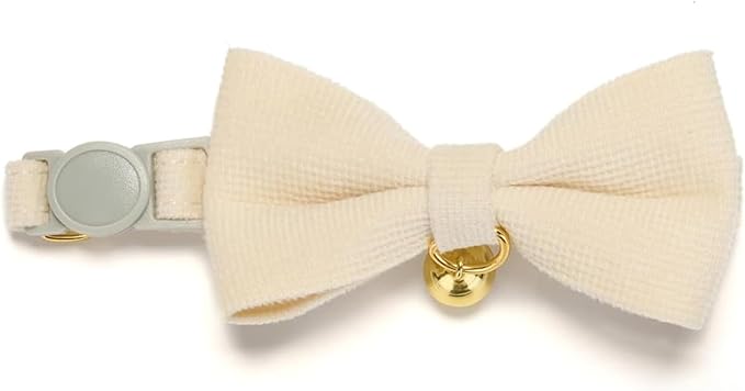 Soft Corduroy Cat Collar, Plaid Pattern, with Bell and Bowtie, Safety Breakaway Clasp, Adjustable for Kitten and Cats White Color.