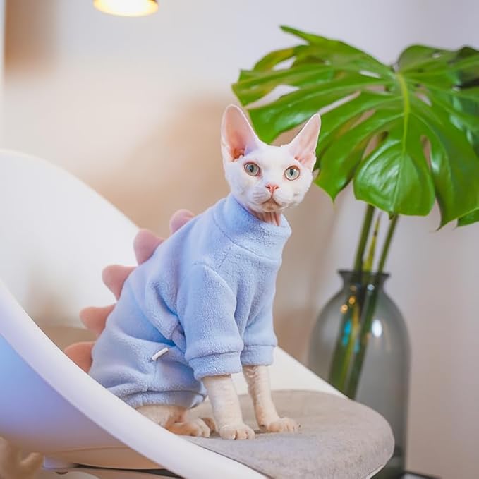 Dinosaur Sphynx Cat Clothes, Soft Polar Fleece Sweater for Cat, Elastic Pet Clothes Thick Winter Warm Outfit for Hairless Cat, Devon, Cornish, Small Dogs Apparel with Sleeves (Sky Blue, XX-Large)