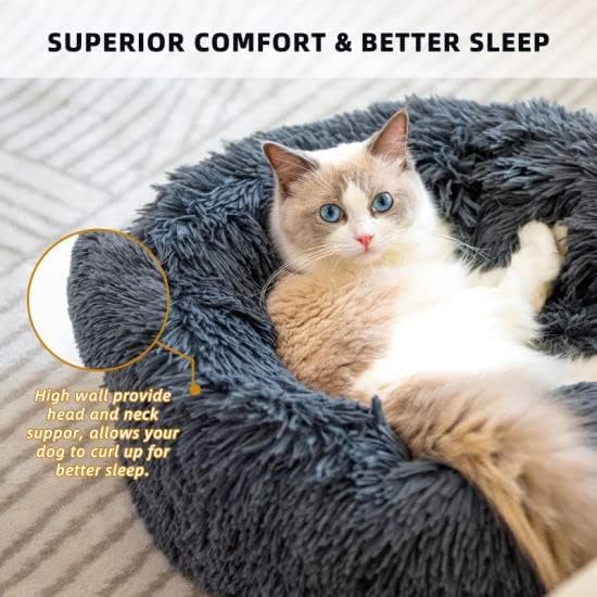 Cat Beds for Indoor Cats - Cat Bed Washable 20 inches, Dog Beds for Small Medium Dogs, Anti Anxiety Round Fluffy Plush Faux Fur Pet Bed, Thick Bottom (Dark Grey, Medium)