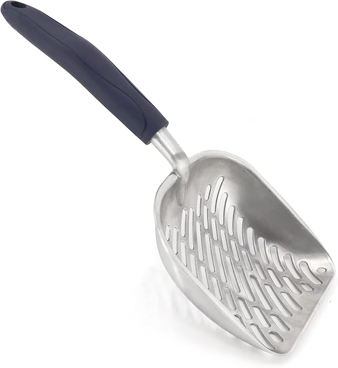 Non-Stick Metal Cat Litter Scoop with Long Handle, Solid Aluminum Alloy Deep Shovel, Kitten Pooper Lifter Scoop with Hole, Durable Kitty Litter Box Scooper Poop Sifter (Dark)