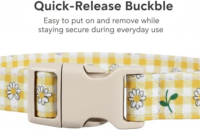Cute Dog Collar, Yellow Plaid Dog Collar with White Floral Pattern, Spring Summer Design Floral Collar for Girls Boys Extra Small Dogs, Yellow Checkered Daisy, XS