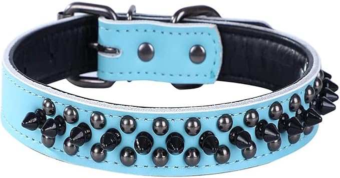 Spiked Studded Dog Collar, Genuine Leather Dog Collar, Adjustable Pet Collars for Medium Large Bulldog Pitbull Mastiff Poodle Boxer (M:29-38cm, Blue-1)