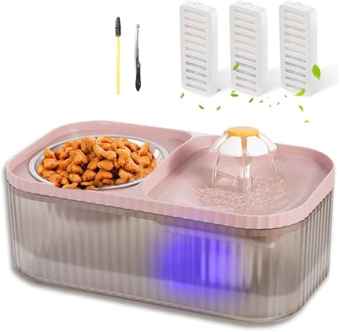 Marchul Cat Water Fountain and Stainless Steel Food Bowl, 100oz/3L Super Quiet Automatic Pet Water Dispenser with Smart Pump and 3 Replacement Filters for Cats and Small Dogs, Pink
