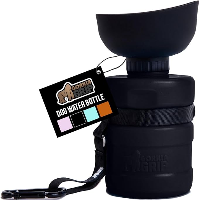 GORILLA GRIP Dog Water Bottle, Portable Water Bowl Dispenser for Dogs, 12 oz Leak Proof Pet Travel Squeeze Bottles Food Grade Silicone, Pet Stocking to Go Puppy Essentials, Black