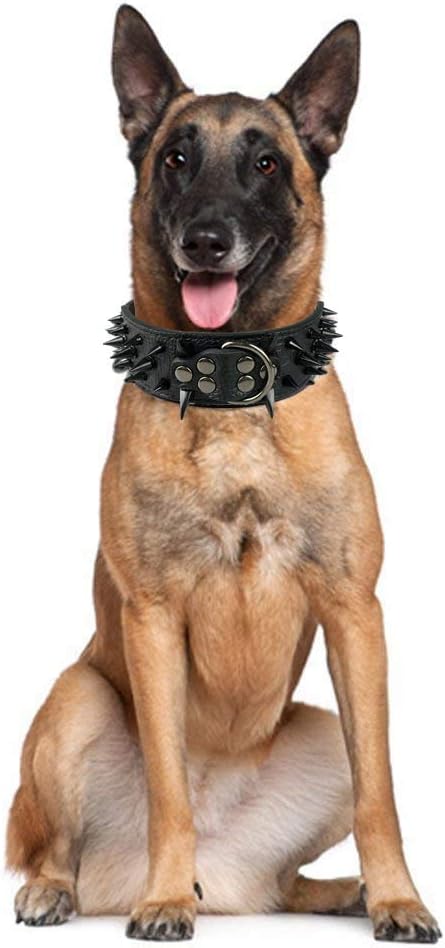 Serijoars Spiked Studded Dog Collar, PU Leather Dog Collar, Adjustable Pet Collars for Medium or Large Breed Pet (L, Black3)