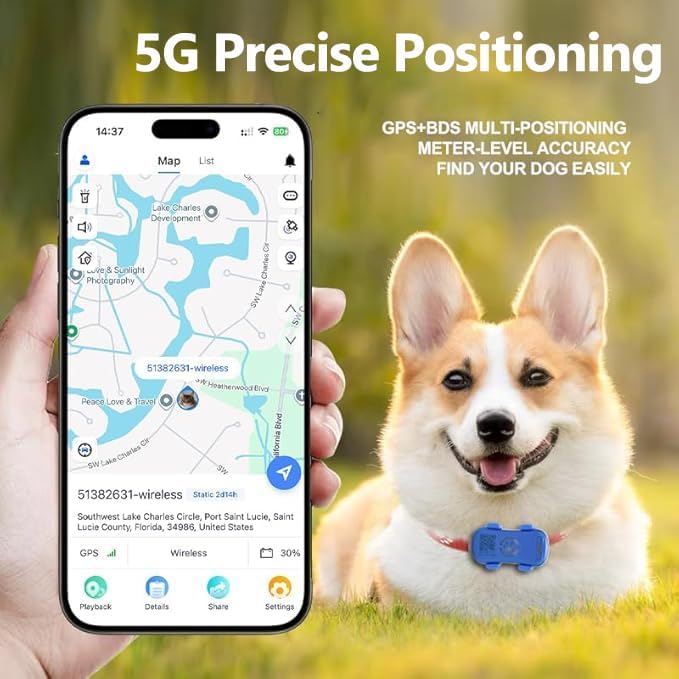 GPS Dog Tracker, Real-time Pet Location Tracker Anti Lost Dog GPS Collar Fit Most Pet Collars, Virtyal Fence, Lighting Flash&Audible Seek Mode,Subscription Needed