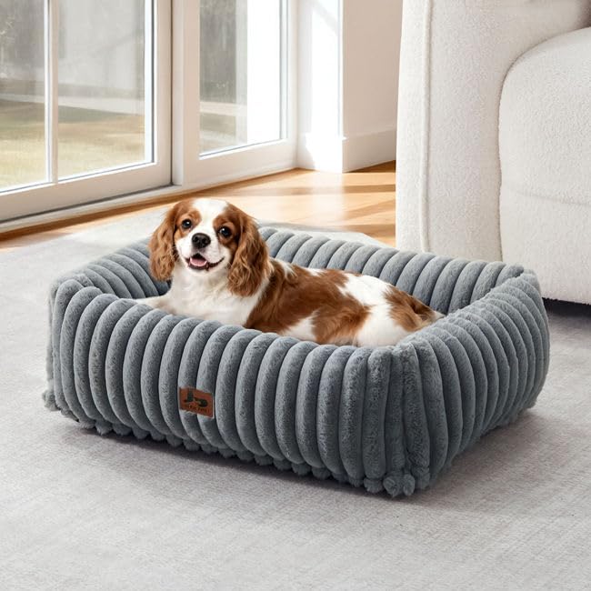 Washable Dog Bed for Small Medium Dogs - Rectangle Orthopedic Corduroy Fleece Pet Bed with Removable Cover and Nonskid Bottom, Calming Puppy Bed Soft Pet Sofa, Grey(25x21x7inchs)