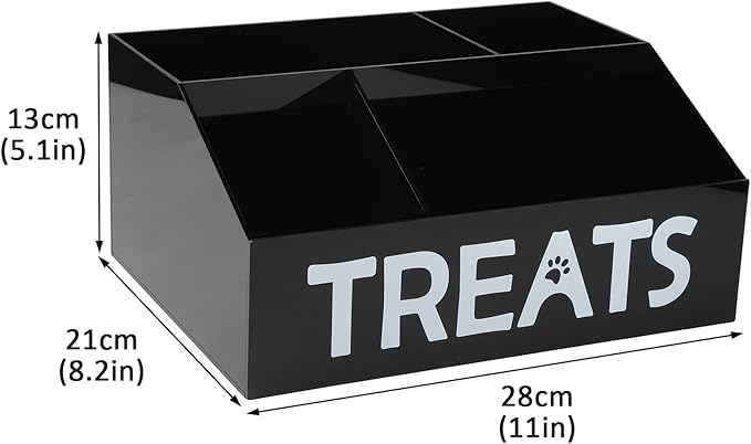 Dog Treat Organizer,4 Compartments Dog Treat Station, Trapezoid Dog Treat Container for Countertop, Cat Treat Storage Bin, Ideal for Dog Cat Bagged Snack or Can Food-Black