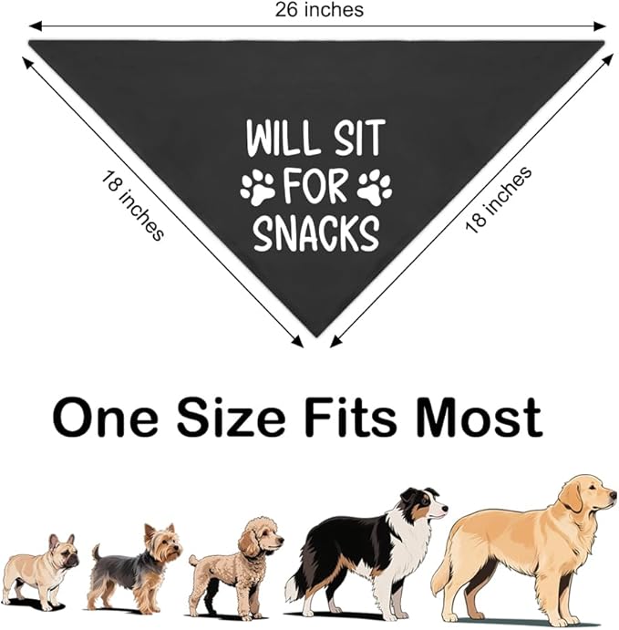 Will Sit for Snacks Black Dog Bandana, Puppy Scarf Accessory Photo Prop for Dogs Lover, Funny Quotes Birthday Puppy Scarf Accessory, Mother's Day Birthday for Dog Mom Dad