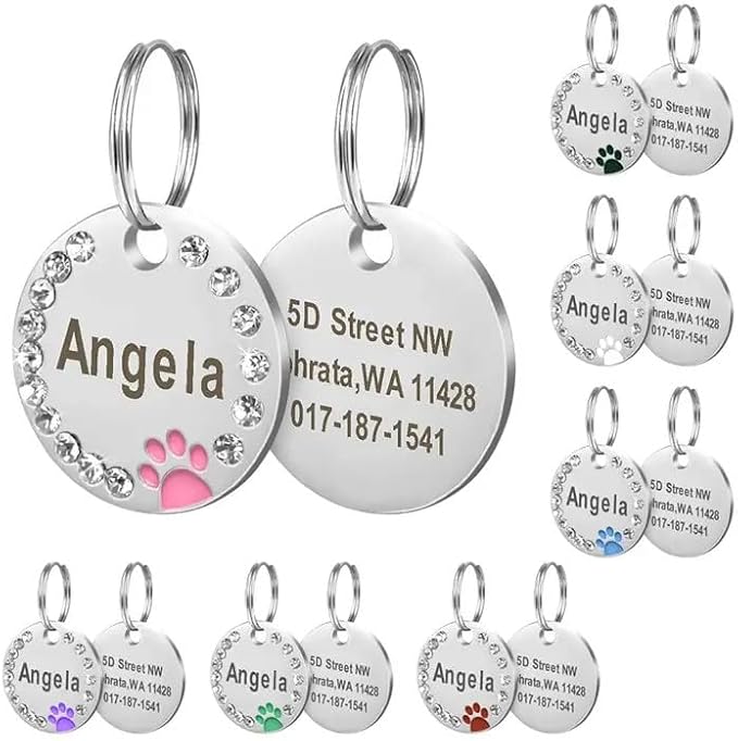 Personalized Dog/Cat Cute Paw Pet ID Tag for Pet Collar or Key Chain - Custom Laser Engraved Unique Dog/cat Name tag with Phone Number (White, Crystals Round-Small)