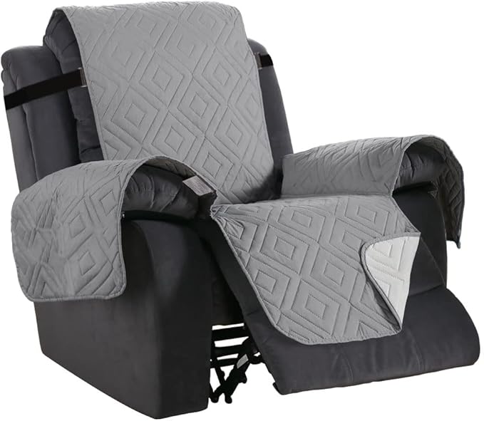 H.VERSAILTEX Reversible Quilted Recliner Covers Water Resistant Furniture Protector for Reclienr Chair with Elastic Straps for Pets Kids Sitting Width Up to 28"(Oversized Recliner, Light Grey/Beige)