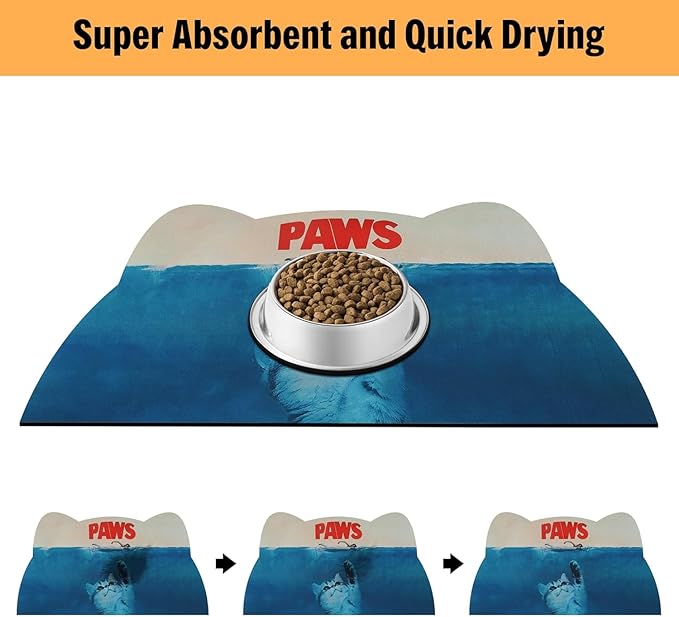 Cat Food Mat - Pet Feeding Mat for Floor, Non-Slip, Waterproof, Super Absorbent, Easy to Clean, Blue, Cat, Dog 12.2''x19.7''