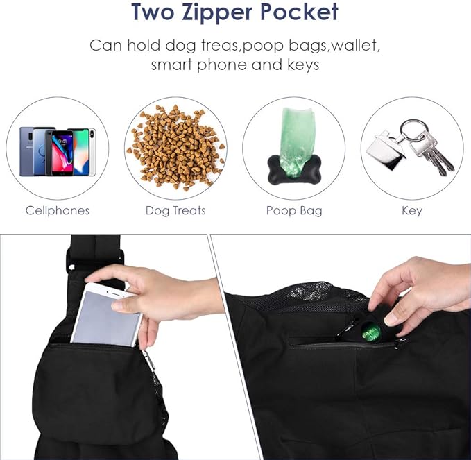 Lukovee Dog Sling Carrier, Hard Bottom Support & Adjustable Soft Padded Shoudler Strap Dog Slings for Small Dogs, Dog Purse with Drawstring Mesh Opening & Zipper Pockets for Puppy Cat Pet (Black-BN)