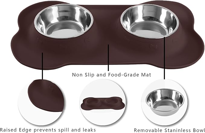 Hubulk Pet Dog Bowls 2 Stainless Steel Dog Bowl with No Spill Non-Skid Silicone Mat + Pet Food Scoop Water and Food Feeder Bowls for Feeding Small Medium Large Dogs Cats Puppies (Large, Chocolate)
