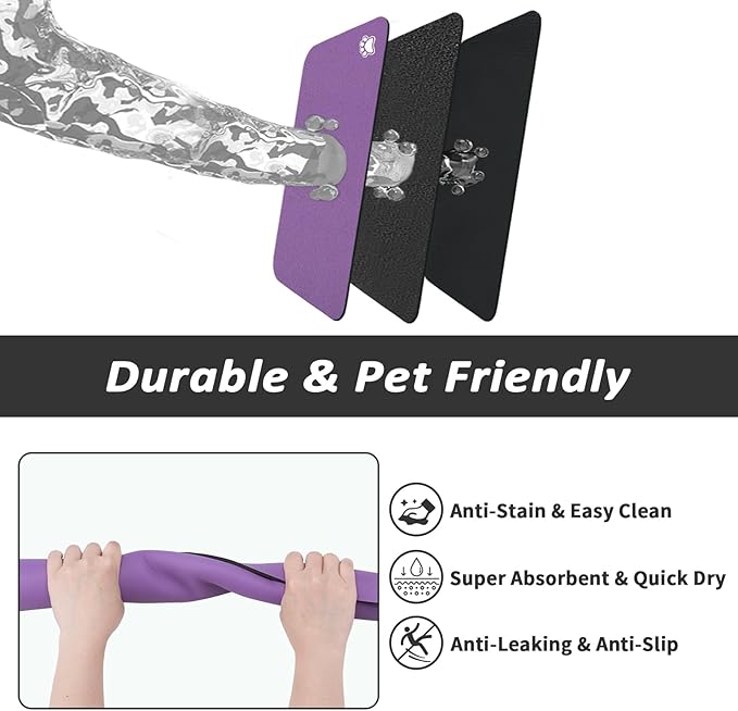 Dog Food Mat - Absorbent Cat Mat for Food and Water, No Stains Pet Feeding Bowl Mat, Easy to Clean Pet Placemats, Quick Dry Dog Water Dispenser Mat for Messy Drinkers | Paw Purple 24"x36"
