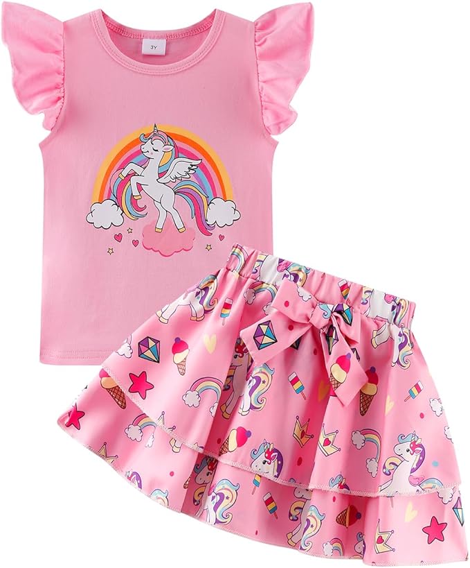 Girls Skirt Set 2 Piece Outfit Toddler Summer Clothes Ruffle Sleeve T-Shirt Bow Knot Tutu Skirt Outfit Set