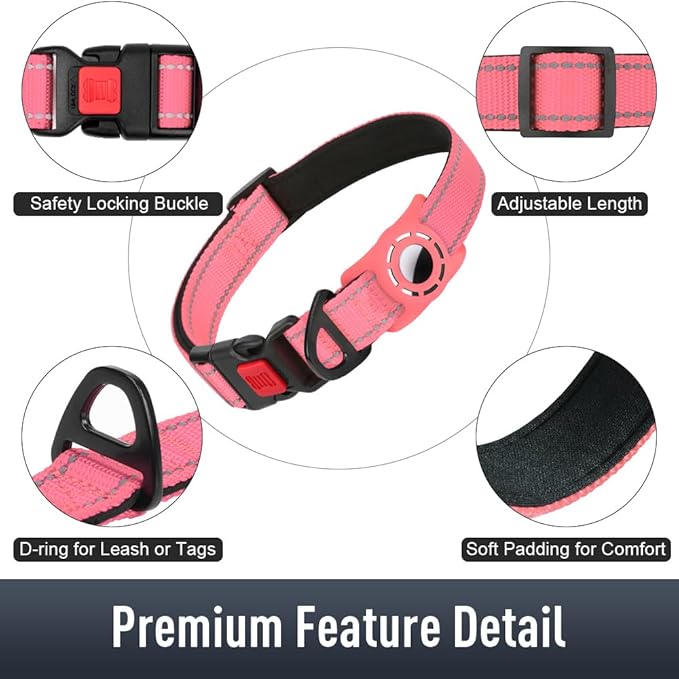 Airtag Dog Collar with AirTag Holder for Small Dogs, Reflective, Soft Padded & Safety Locking Buckle, Nylon Pet Collars Adjustable for All Breeds, Pink,S