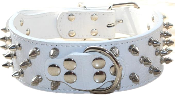 Serijoars Spiked Studded Dog Collar, PU Leather Dog Collar, Adjustable Pet Collars for Medium or Large Breed Pet (L, White1)