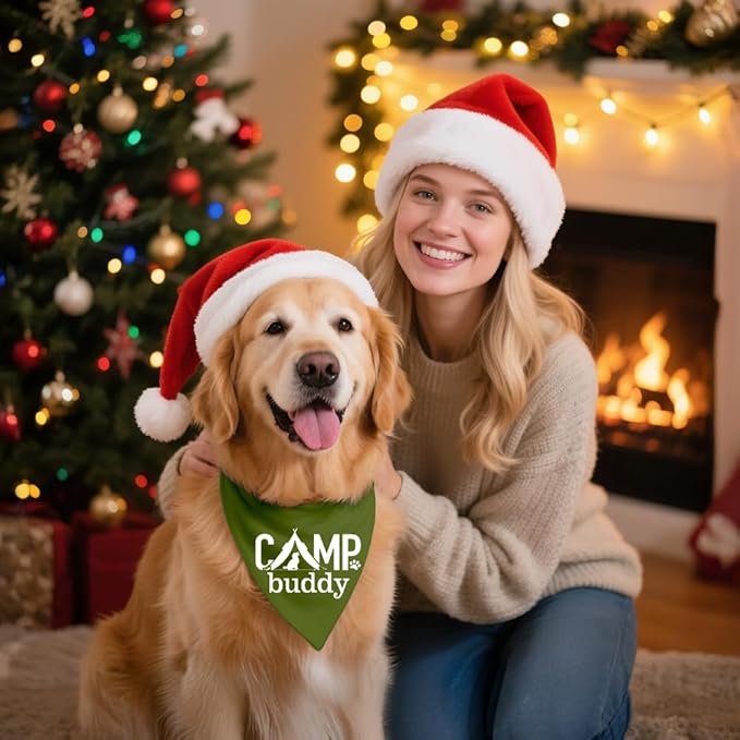Camp Buddy Green Dog Bandana, Funny Puppy Scarf Photo Prop for Explore Outdoor Adventure Hiking Camping Mountain, Unique Gifts for Dog Lover, for Ranger, Pup Scouts Bandana