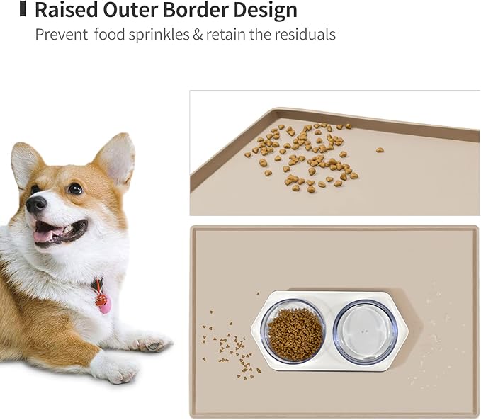 Dog Food Mat,Silicone Waterproof Food Tray,Non Slip Pet Bowl Mats Placemat,0.8" Raised Edge,Suitable for Most Small and Medium Sized Pets,28" x 18"