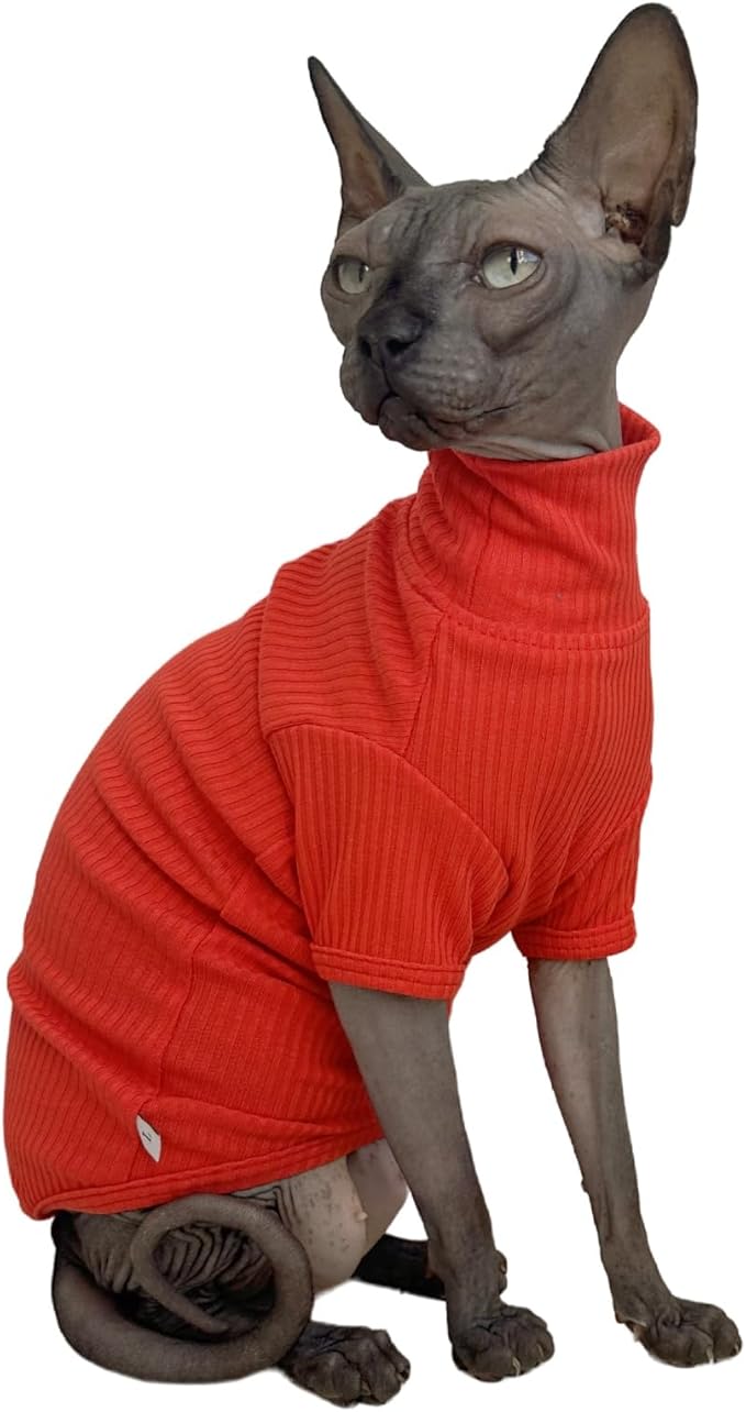 Sphynx Cats Shirt Cat Turtleneck Cotton Sweater Pullover Kitten T-Shirts with Sleeves Cat Pajamas Jumpsuit for Sphynx Cornish Rex, Devon Rex, Peterbald (Sunset, XX-Large (Pack of 1))