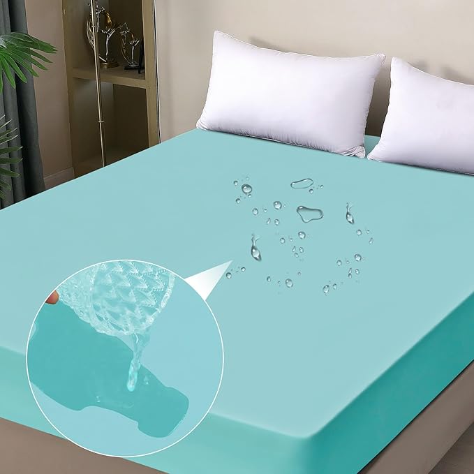 Waterproof Mattress Protector King, Fitted Sheet Style Breathable Mattress Cover with Deep Pocket Fits Up to 18'', Noiseless Bed Cover for Kids Adults Pets, Machine Washable (Cyan, 76'' X 80'')