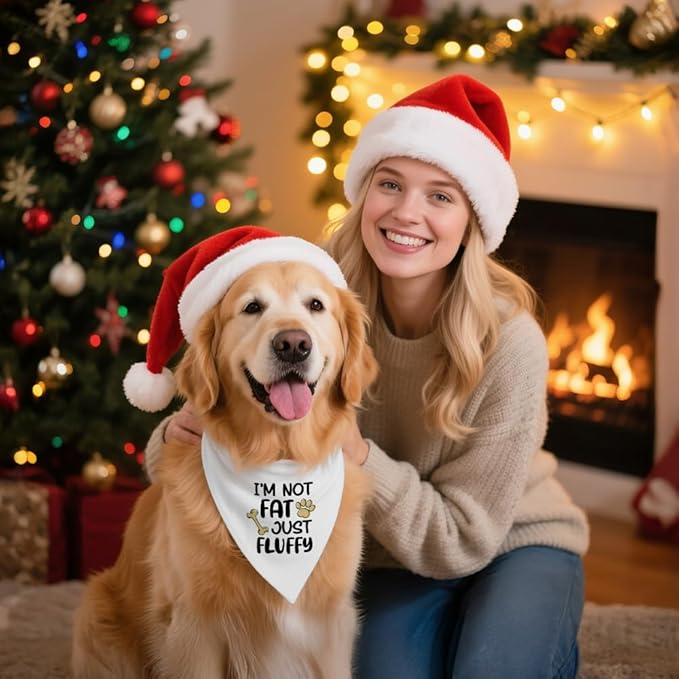 I'm Not Fat Just Fluffy White Dog Bandana, Funny Cute Puppy Scarf Accessory Photoshoot, Humor Gifts for Dogs Lover, Fluffy Puppy Bandana, Christmas Birthday Gifts for Dog Mom Dad