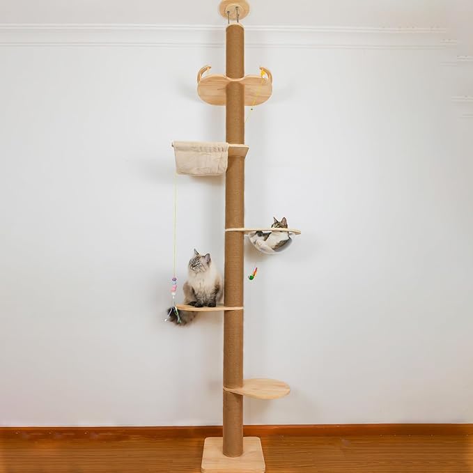 Floor to Ceiling Cat Tree Height (50-120in) Adjustable Cat Tower 5 Tier Hemp Scratching Post High Cat Tree Sturdy Activity Tree Indoor Outdoor Cat Scratching Post Activity Center