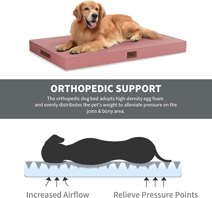 Outdoor Orthopedic Dog Bed for Extra Large Dogs, XL Waterproof Flat Pet Bed 44x32 Inch, Egg Crate Foam with Removable Washable Oxford Cooling Cover, Pink