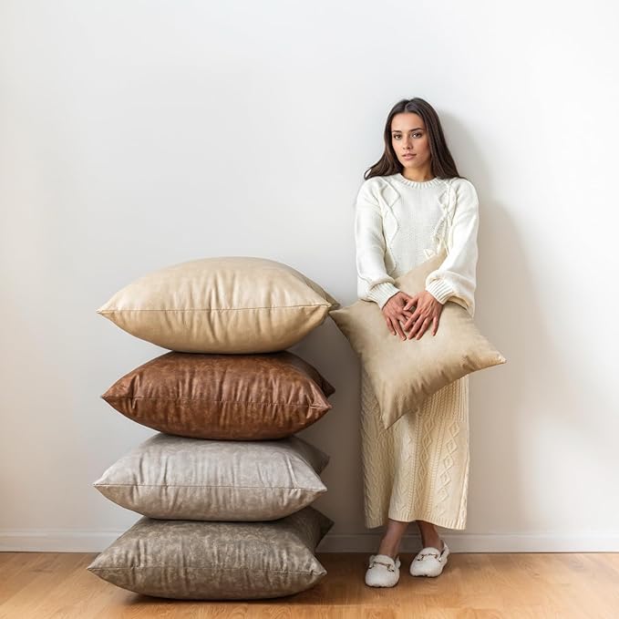 Pack of 2 Neutral Decorative Faux Leather Throw Pillow Covers, Boho Luxury Floor Cushion Cover, for Home Decor Outdoor Waterproof Pet Hair Resistant Pillow Covers 18x18 inch Grey