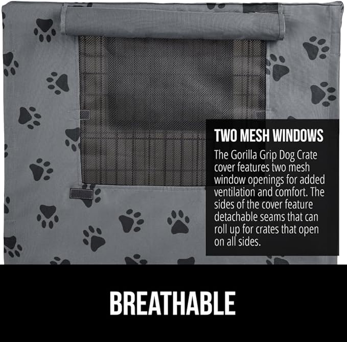 GORILLA GRIP Dog Crate Covers compatible with Amazon Basics Dog Crates, All Sides Open, Privacy Cover Fits 48" Wire Kennel, Breathable Mesh Windows, Light Reducing Puppy Training Cage Topper, Gray Paw