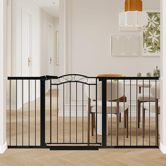 Fairy Baby 65.4"-68.1" Extra Wide Baby Gate with Door, 66 67 68 Inches Walk THR Baby Gates for Stairs Pressure Mounted no Drill, Indoor Tension Metal Child Pet Dog Safety Gate for Kids, Black