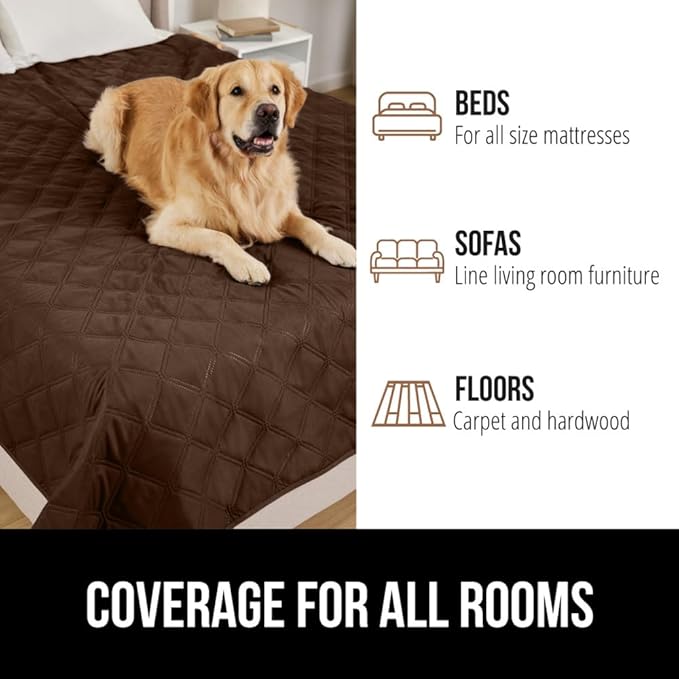 GORILLA GRIP Waterproof Bed Cover for Dogs, 82x82, Gripped Slip Resistant Backing, Leak Proof Washable Dog Blanket Covers Sofa, Couch, Sectional, Crate, Car, RV Seats, Pet Puppy Essentials, Brown