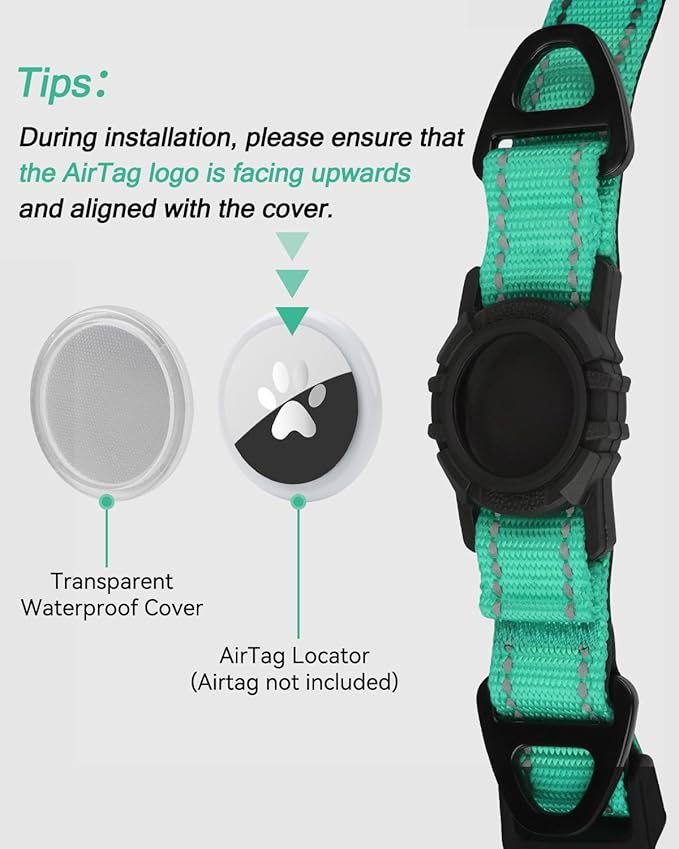 Joytale Airtag Dog Collar, Reflective Pet Collar with Waterproof AirTag Holder, Dual D-Rings, Soft Padded Adjustable for Small Dogs, Teal, S